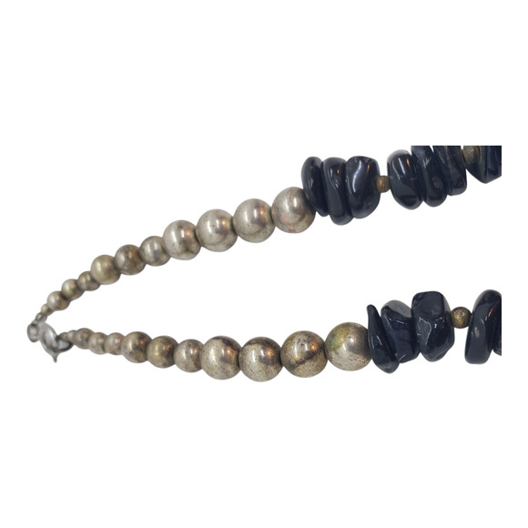 Chunky Black Onyx Statement Necklace Metal Discs Spikes Silver Plated Beads Boho - Picture 7 of 14